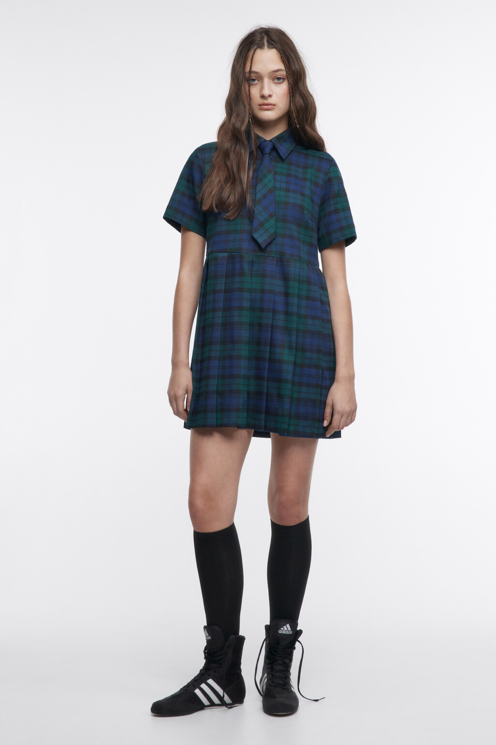 Платье-рубашка в клетку с галстуком - цвет синий - 1