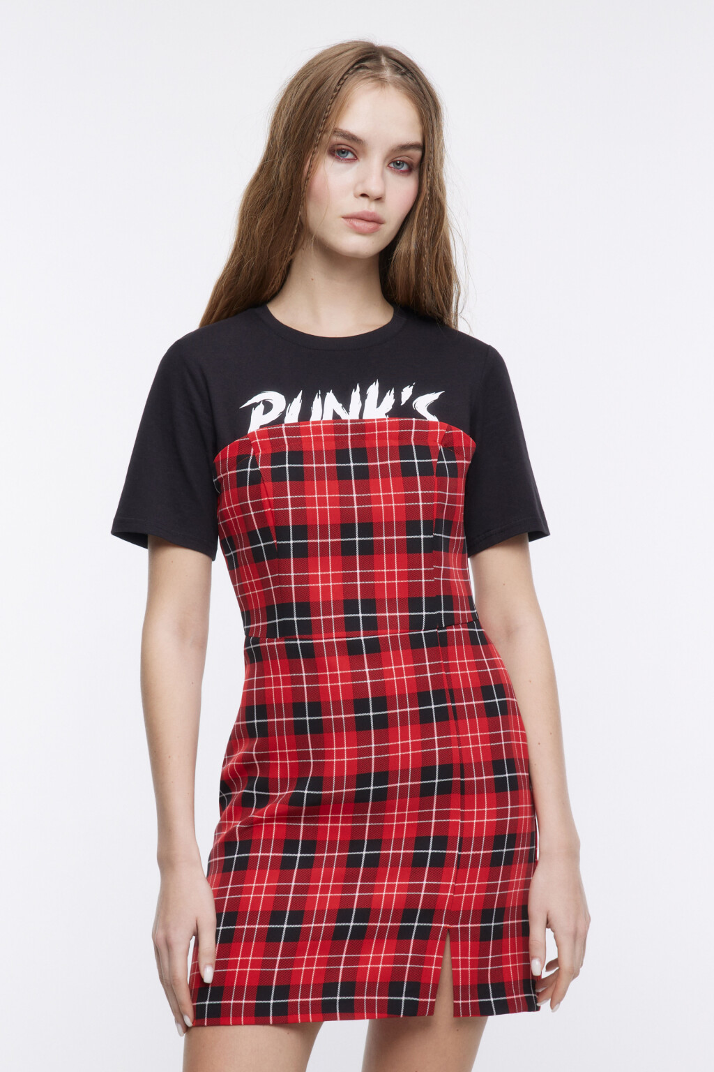 Платье-бандо мини с футболкой в стиле панк - цвет красный - 2