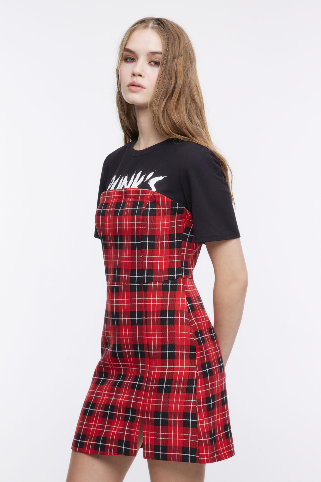 Платье-бандо мини с футболкой в стиле панк - цвет красный - 3