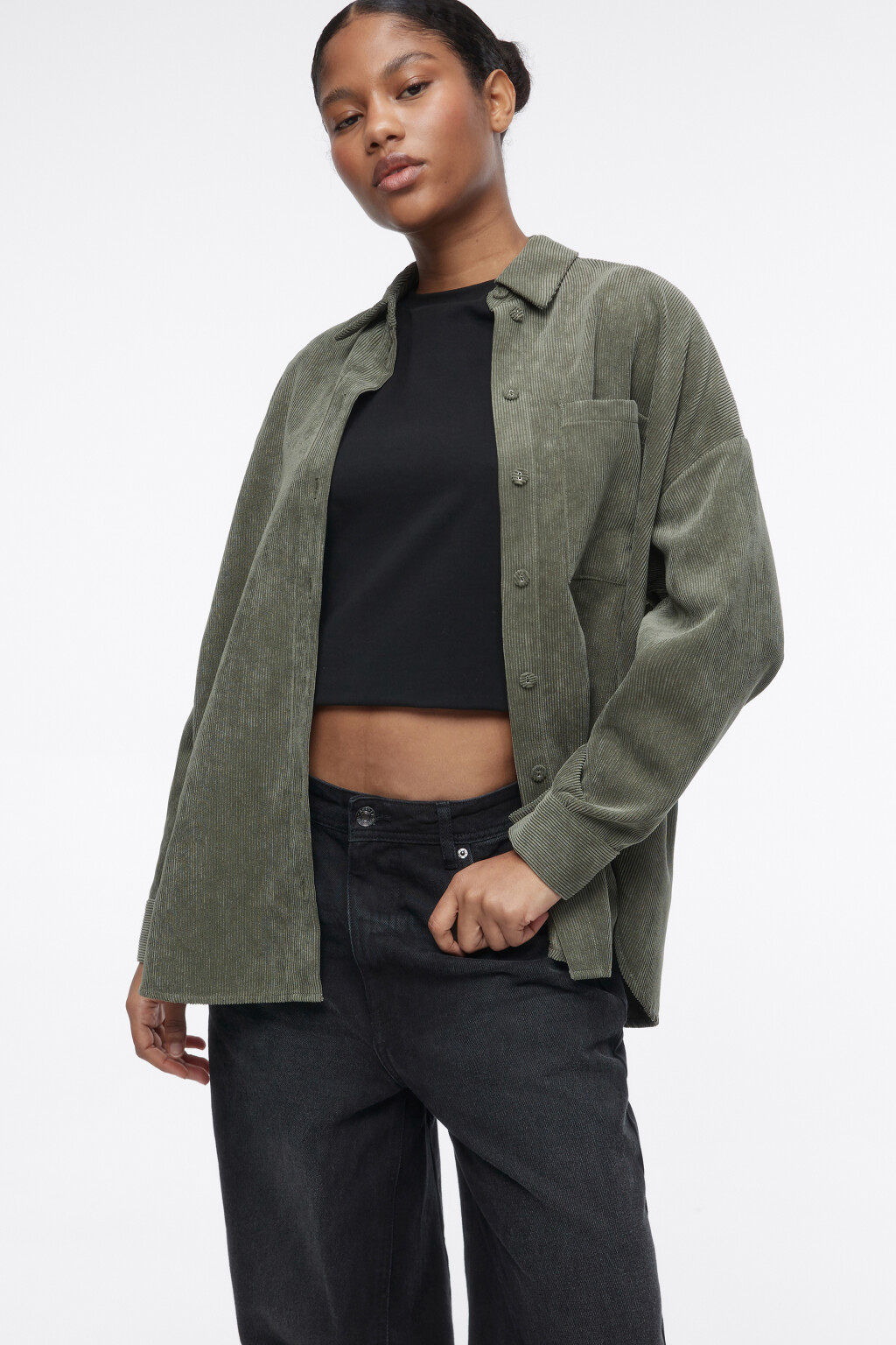 Рубашка oversize вельветовая с карманом - цвет зеленый - 1