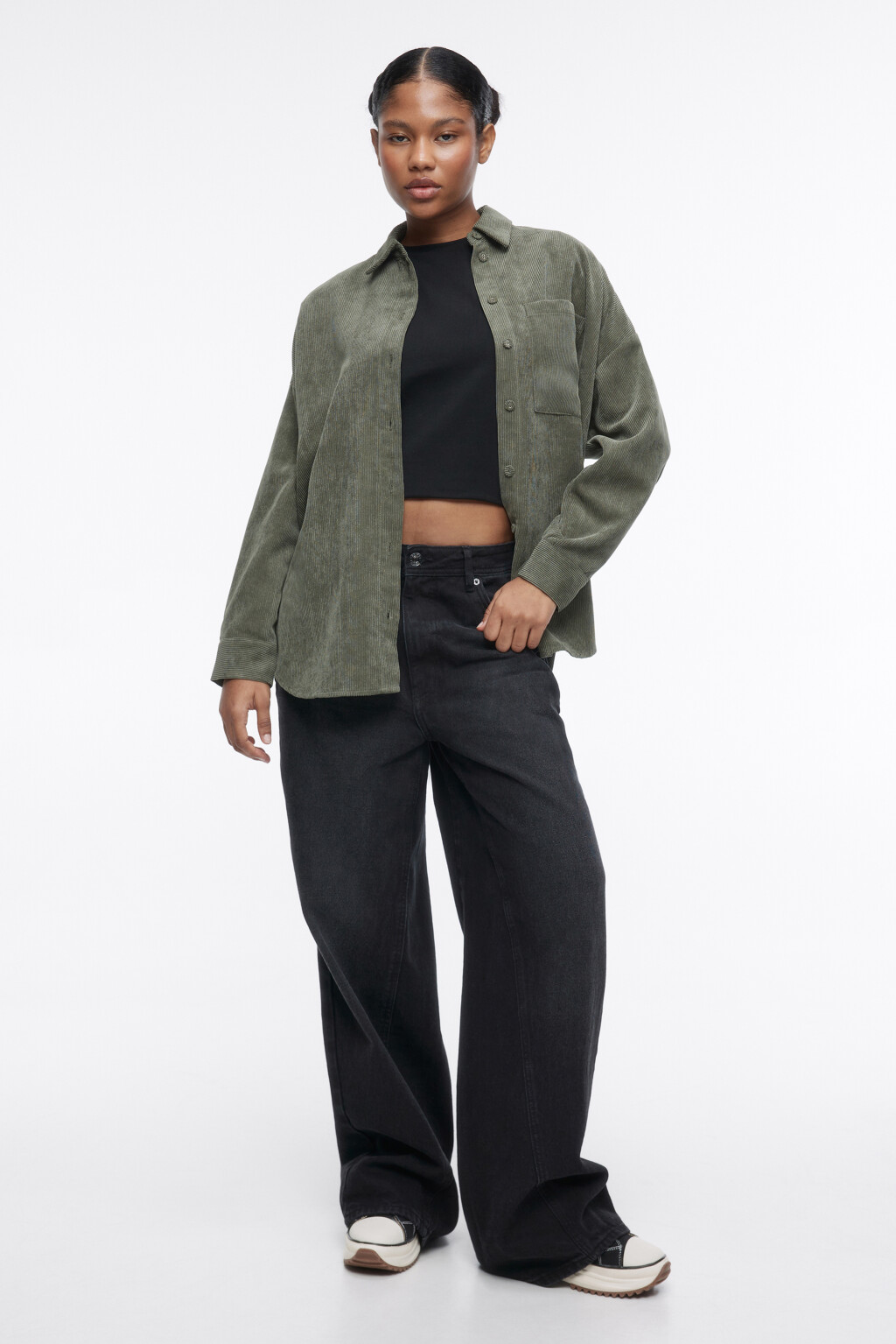 Рубашка oversize вельветовая с карманом - цвет зеленый - 5