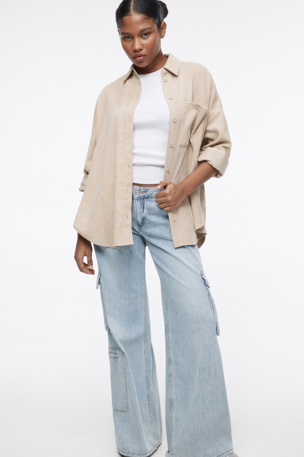 Рубашка oversize вельветовая с карманом - цвет бежевый - 1