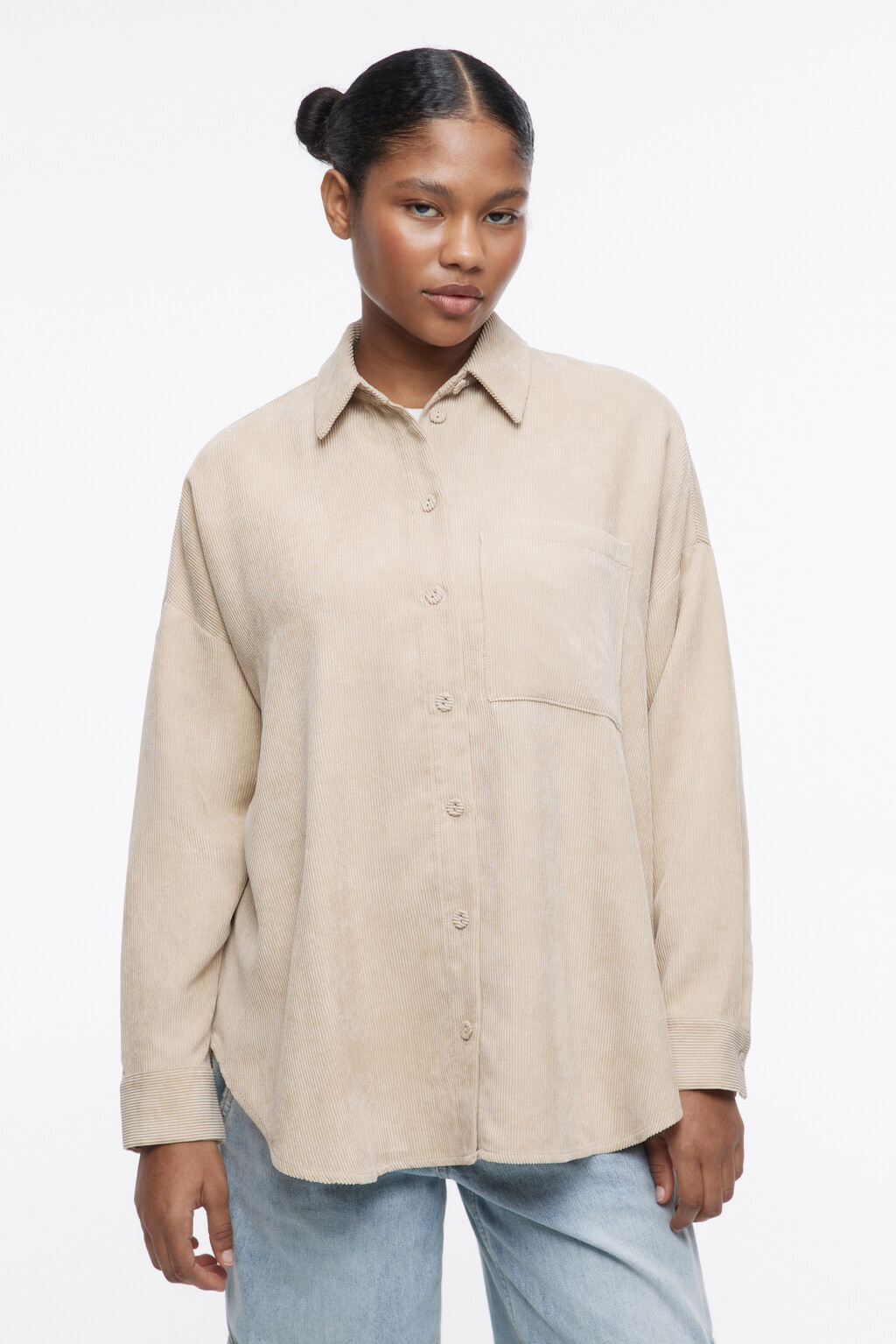 Рубашка oversize вельветовая с карманом - цвет бежевый - 2