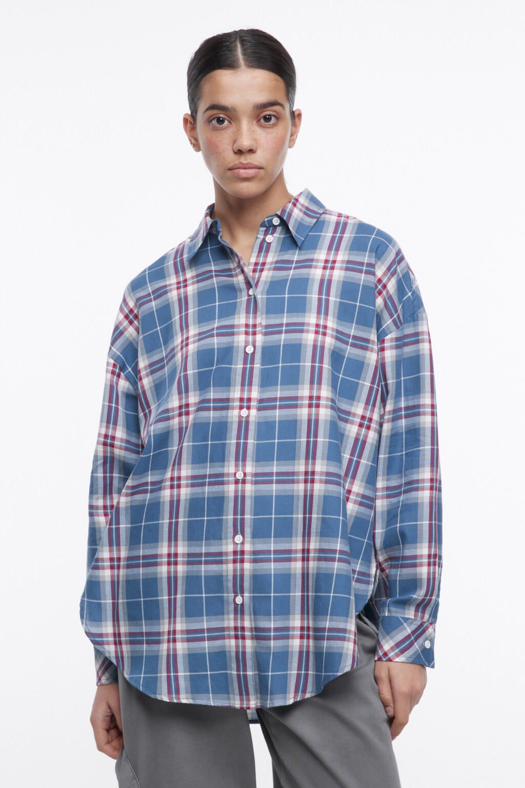 Рубашка oversize фланелевая в клетку - цвет голубой - 3