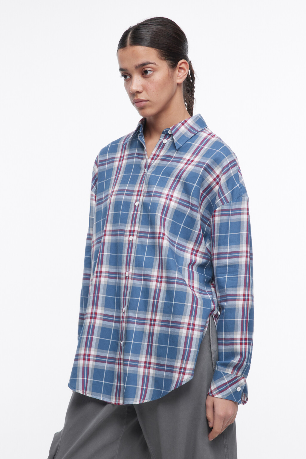 Рубашка oversize фланелевая в клетку - цвет голубой - 4