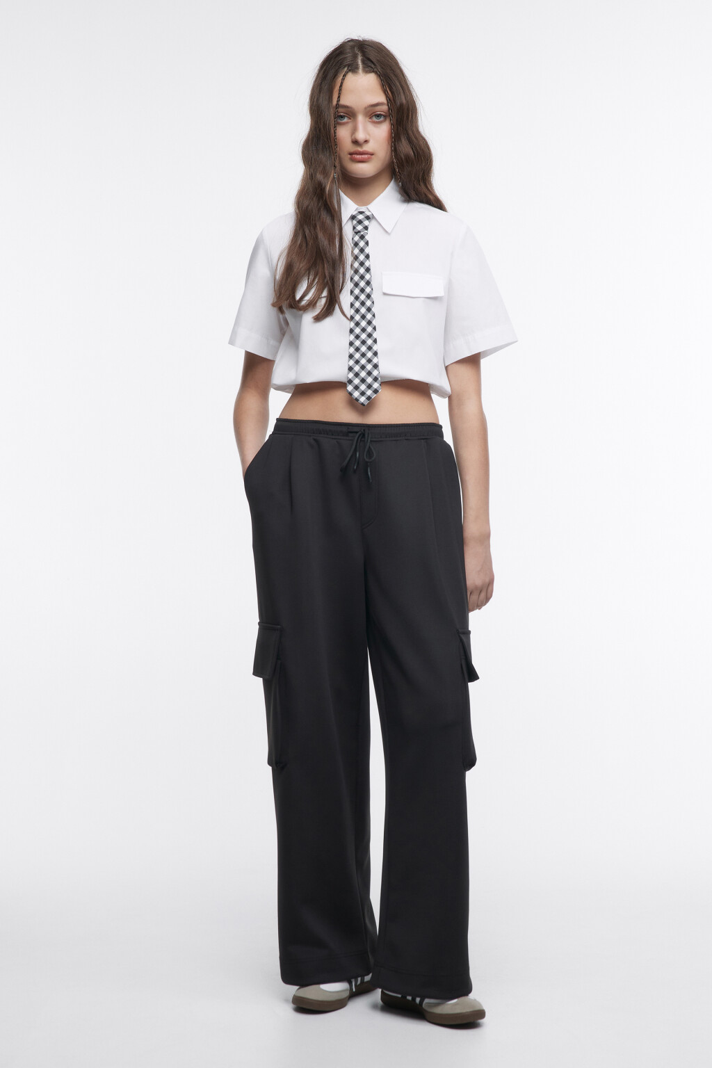 Блузка-рубашка укороченная с галстуком - цвет белый - 1