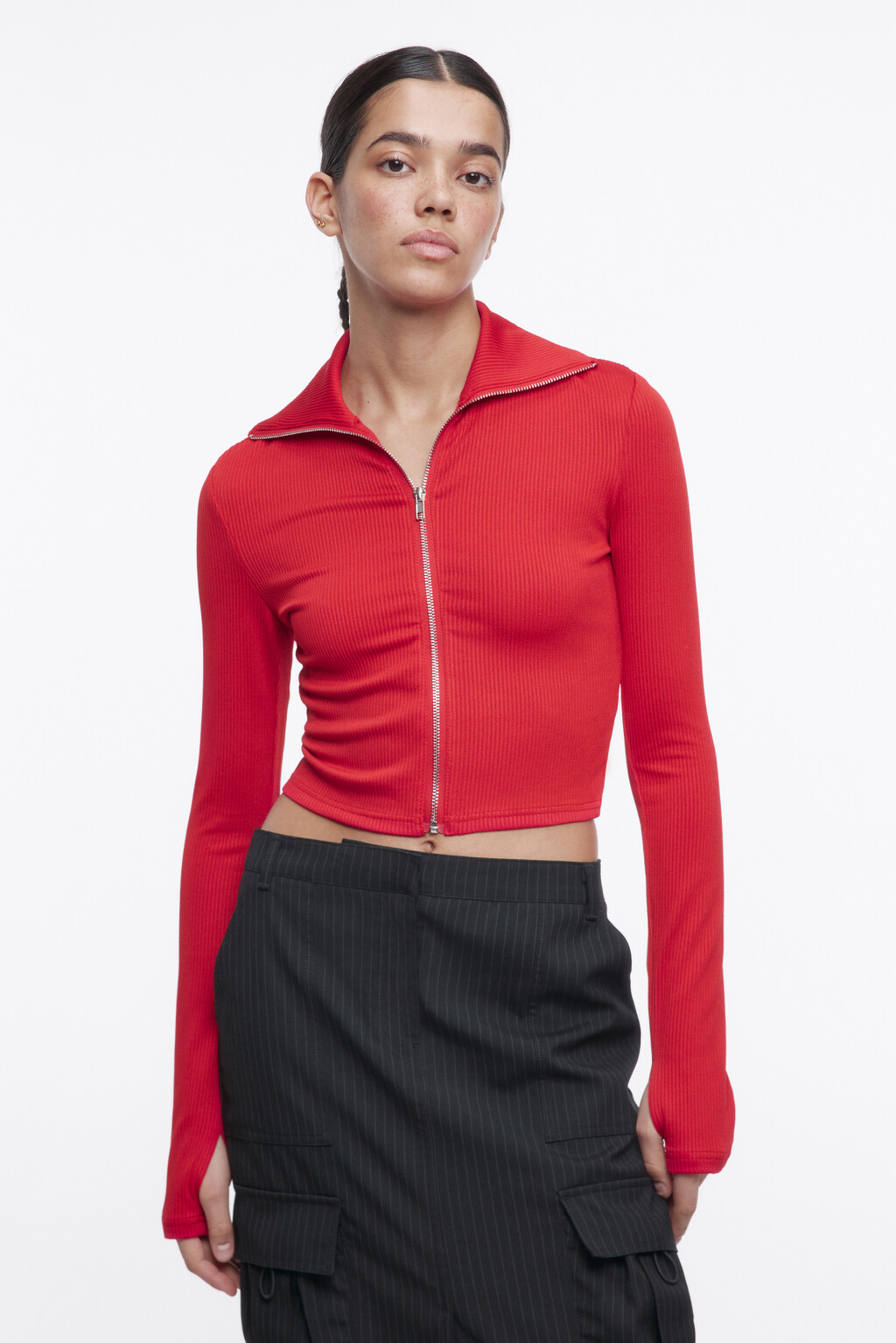 Лонгслив укороченный на молнии - цвет красный - 2