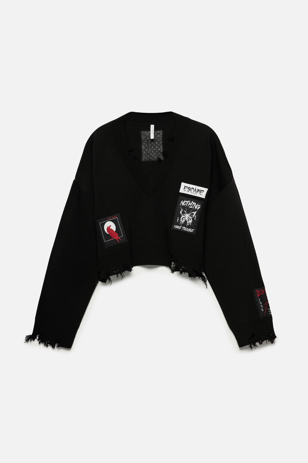 Джемпер вязаный рваный с патчами - цвет черный - 8