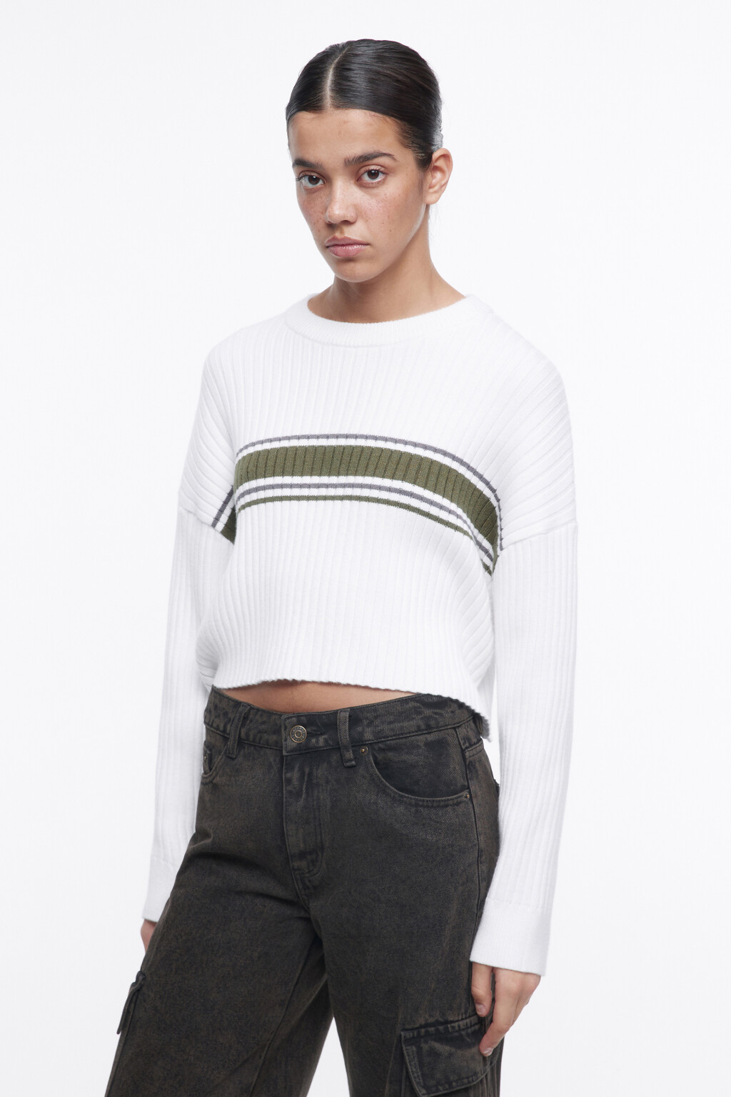 Джемпер вязаный укороченный в полоску - цвет бежевый - 3