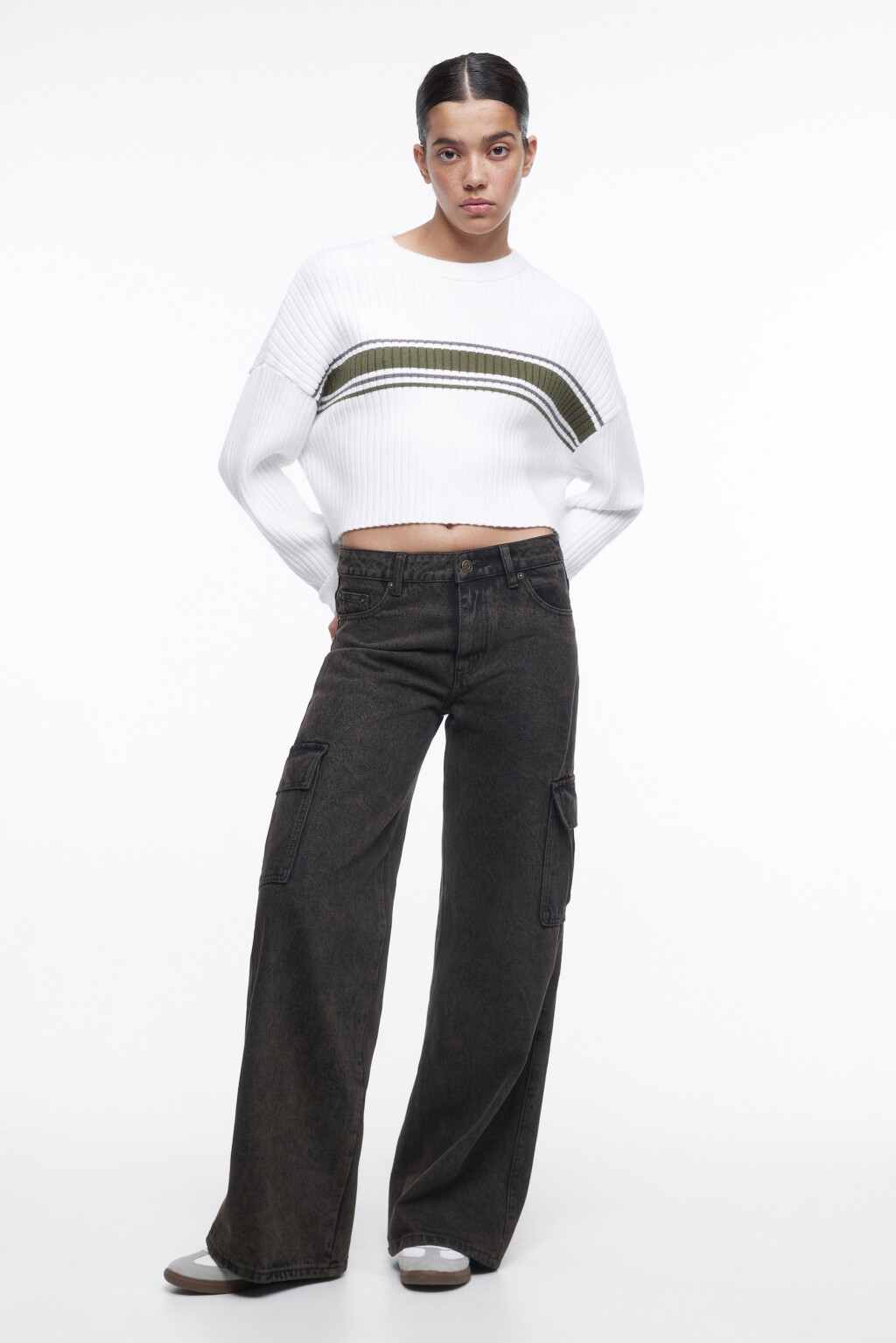 Джемпер вязаный укороченный в полоску - цвет бежевый - 5