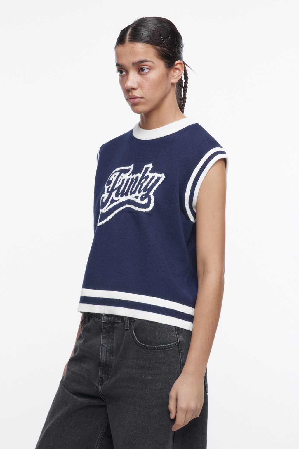 Жилет вязаный с принтом-вышивкой - цвет синий - 3