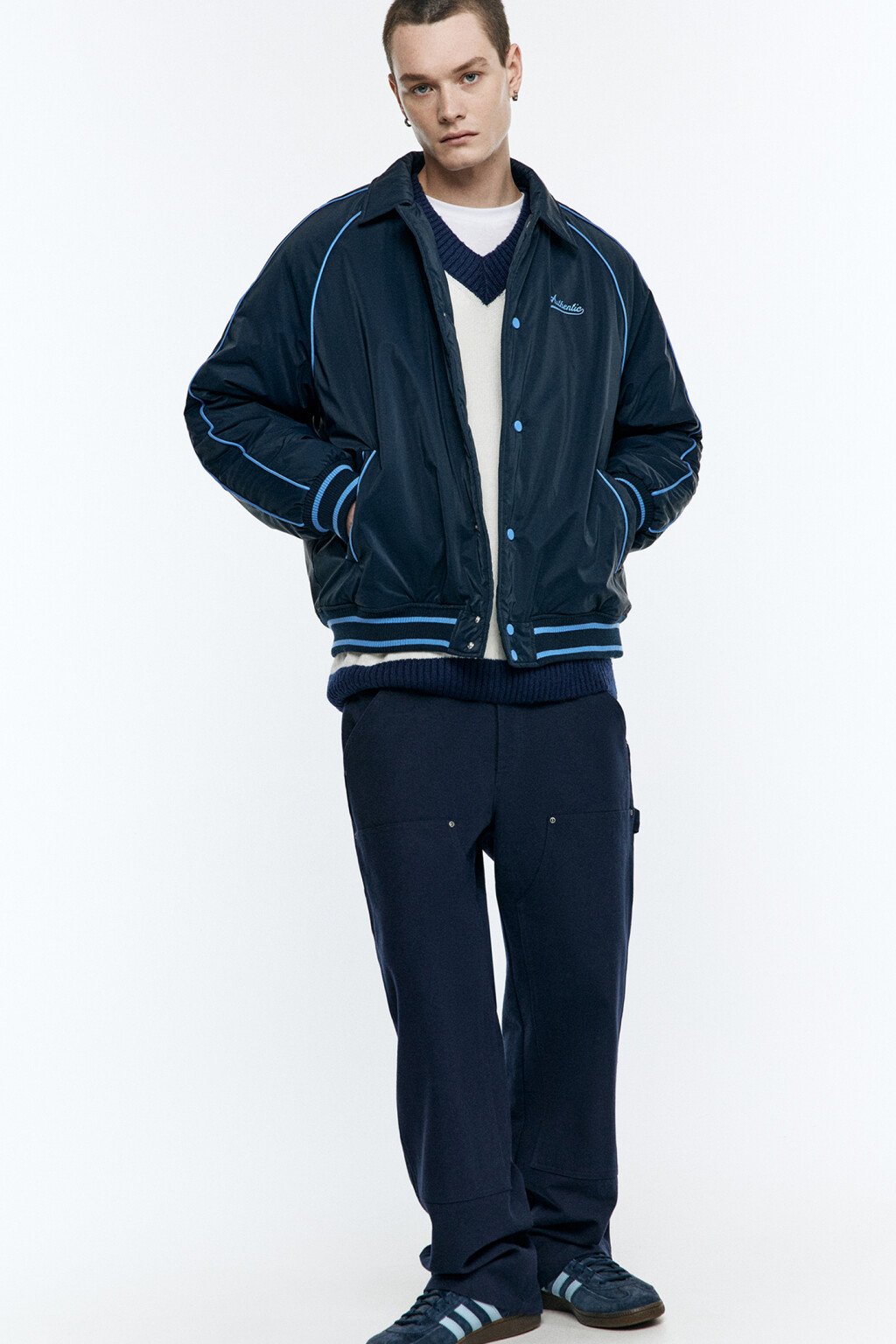 Куртка-бомбер утепленная с отложным воротником - цвет синий - 3