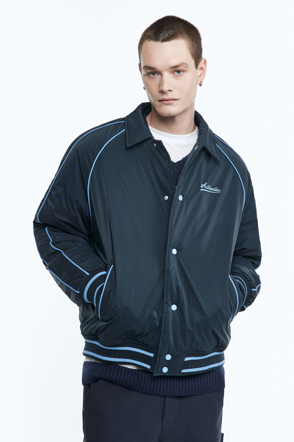 Куртка-бомбер утепленная с отложным воротником - цвет синий - 1