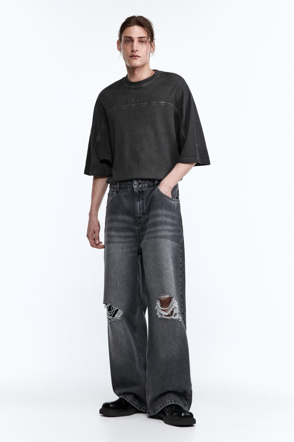 Джинсы экстраширокие с рваными коленями - цвет серый - 5