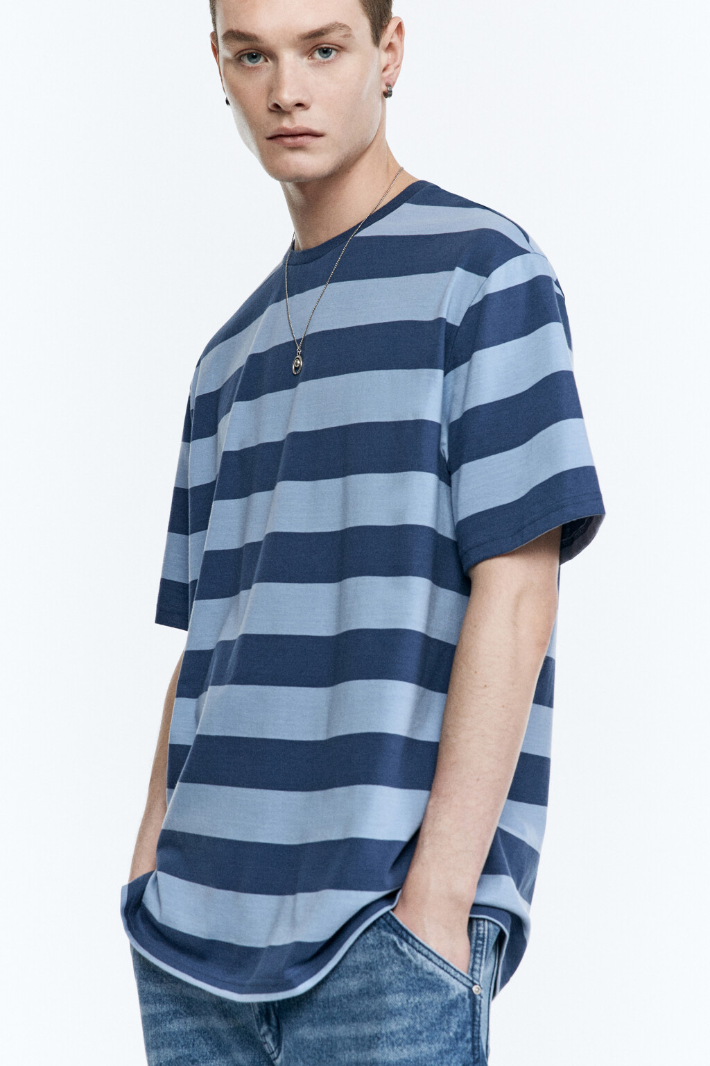Футболка прямая с принтом в полоску - цвет синий - 2