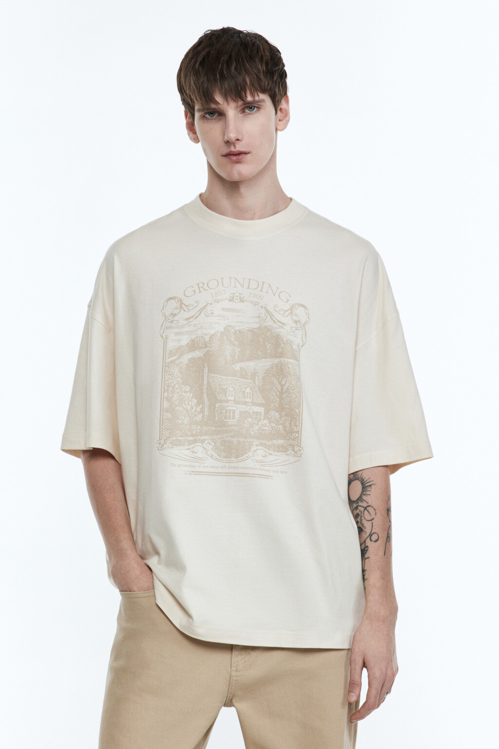 Футболка oversize с принтом - цвет бежевый - 3