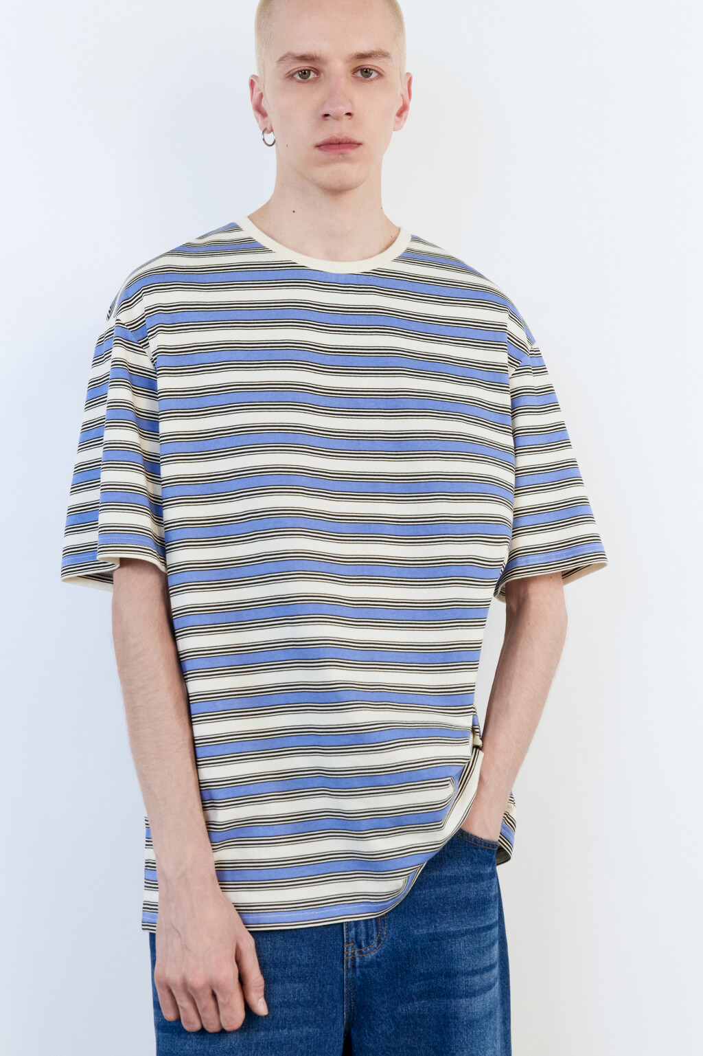 Футболка oversize с принтом в полоску - цвет синий - 1