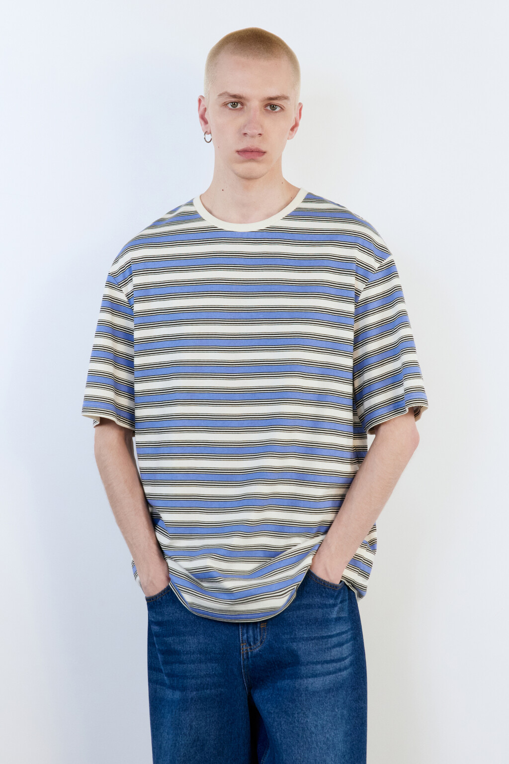 Футболка oversize с принтом в полоску - цвет синий - 2