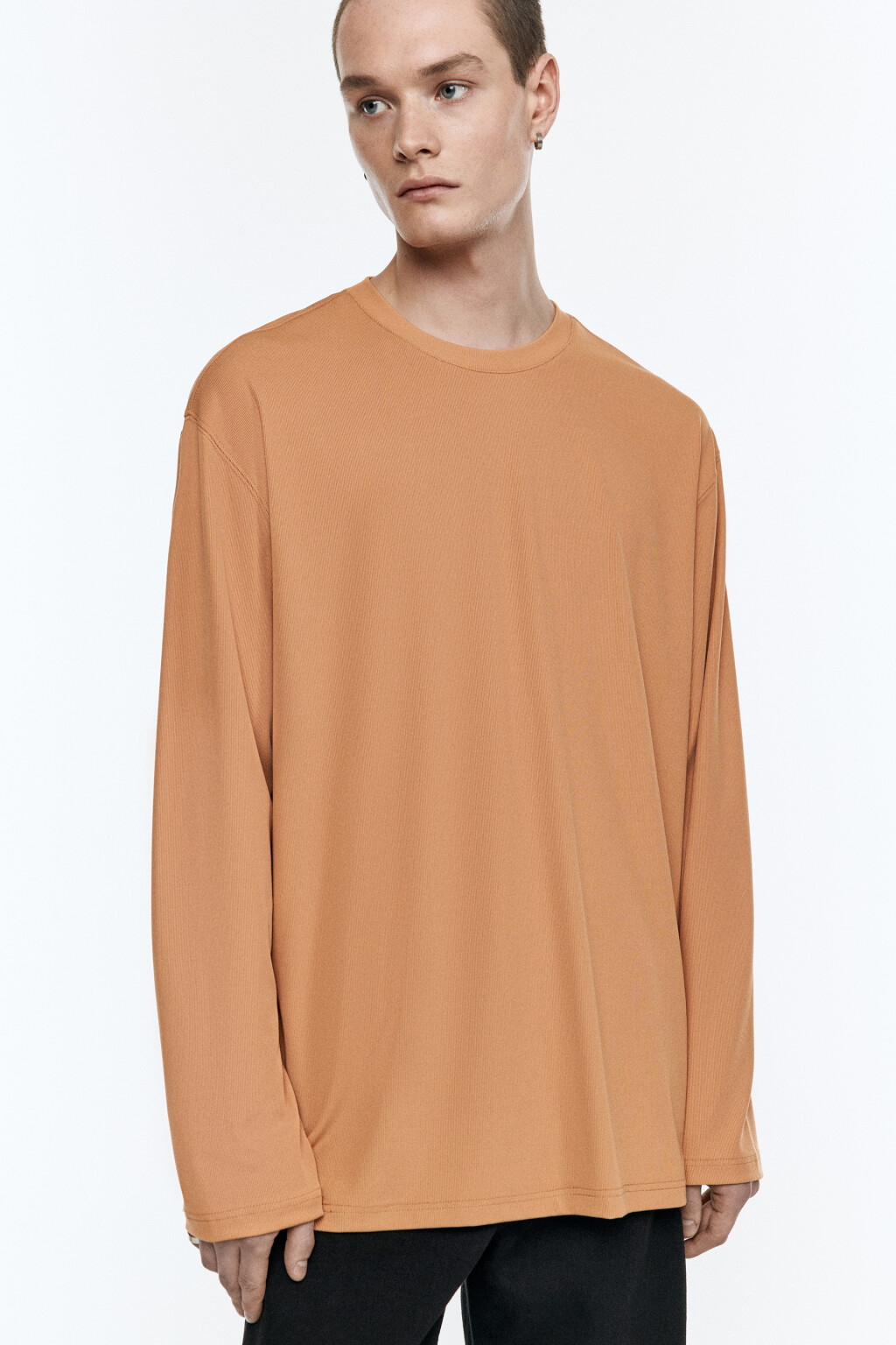 Лонгслив свободный в рубчик - цвет коричневый - 2