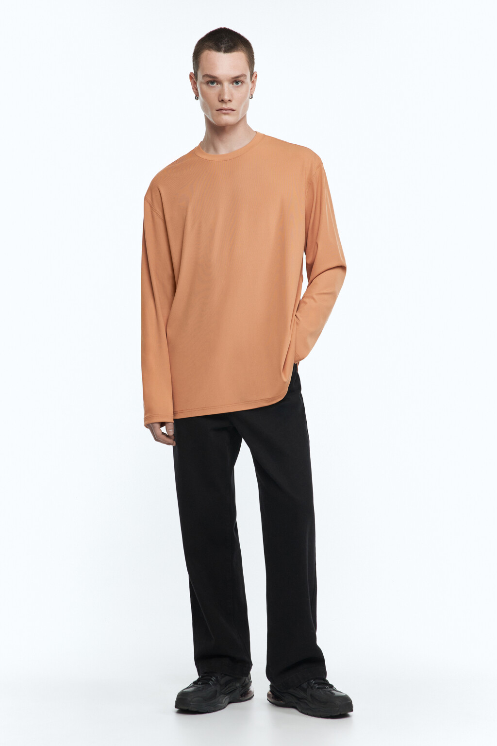 Лонгслив свободный в рубчик - цвет коричневый - 1