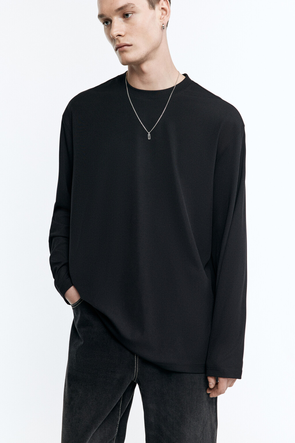 Лонгслив свободный в рубчик - цвет черный - 1