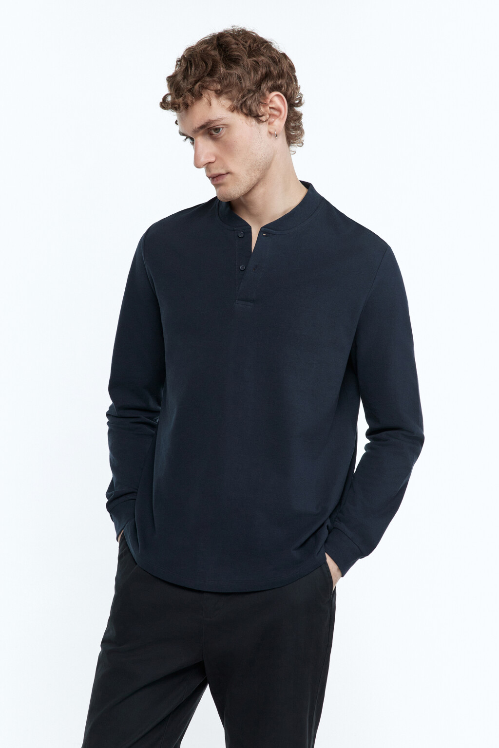 Лонгслив хлопковый с застежкой на груди - цвет синий - 3