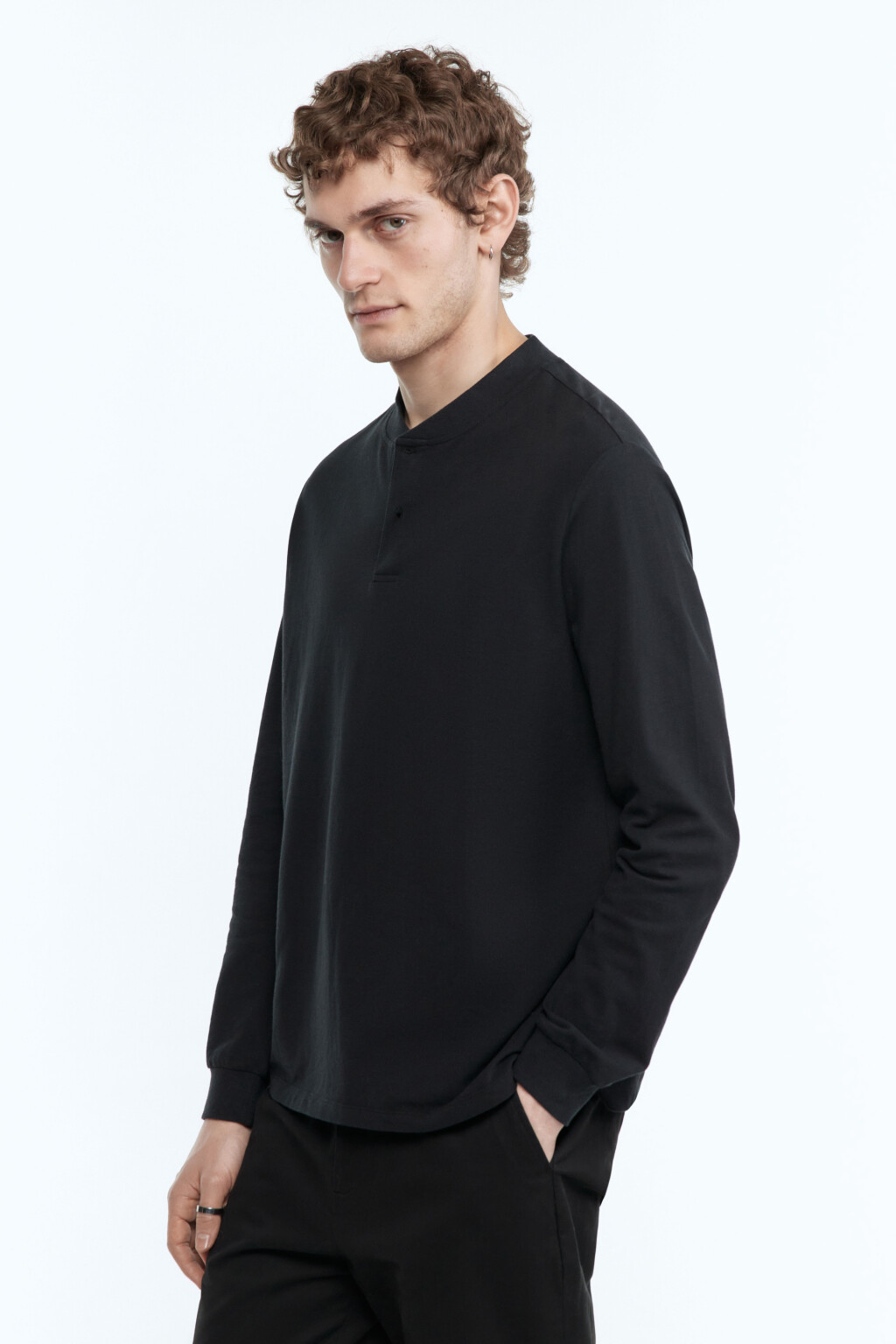 Лонгслив хлопковый с застежкой на груди - цвет черный - 3