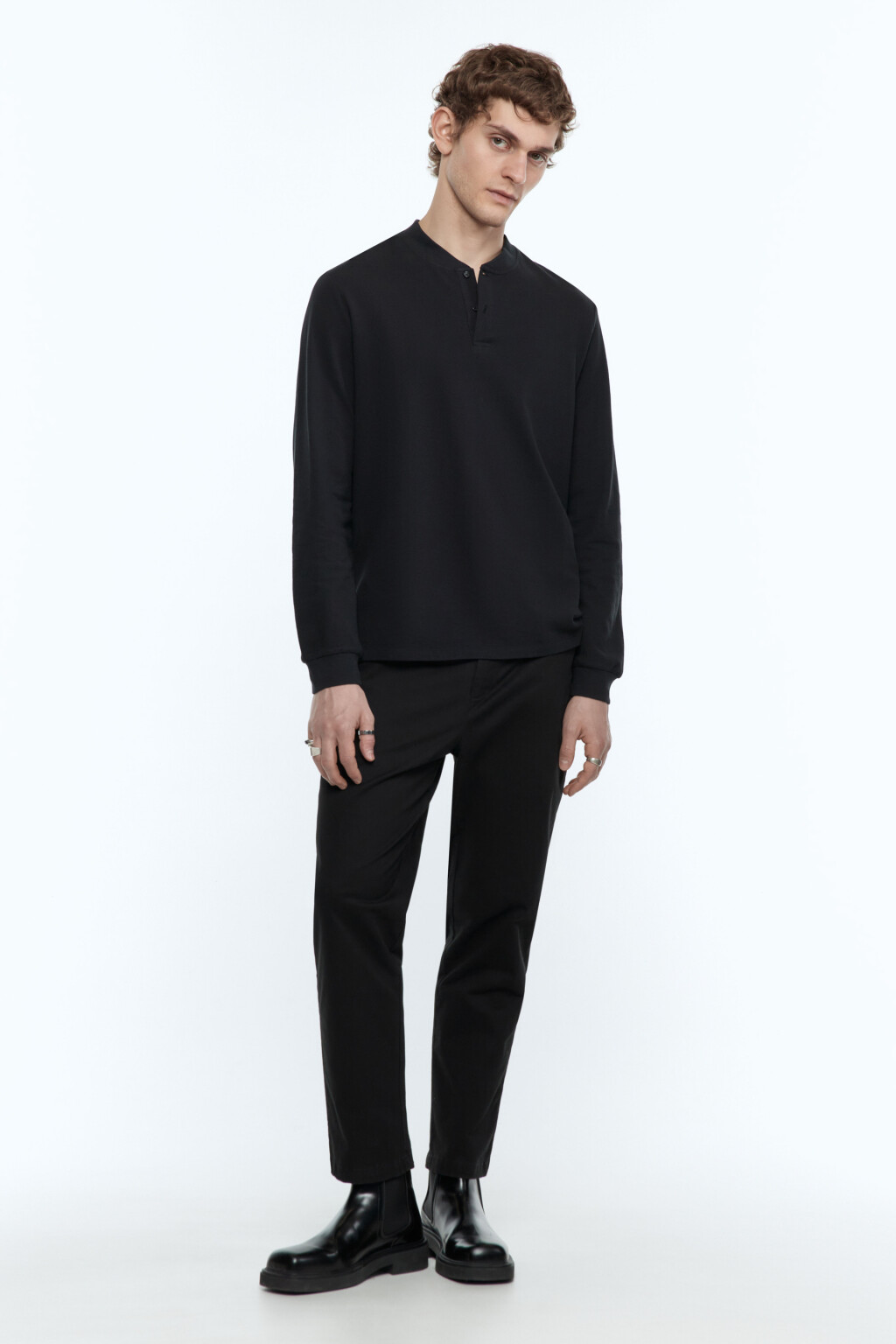 Лонгслив хлопковый с застежкой на груди - цвет черный - 5