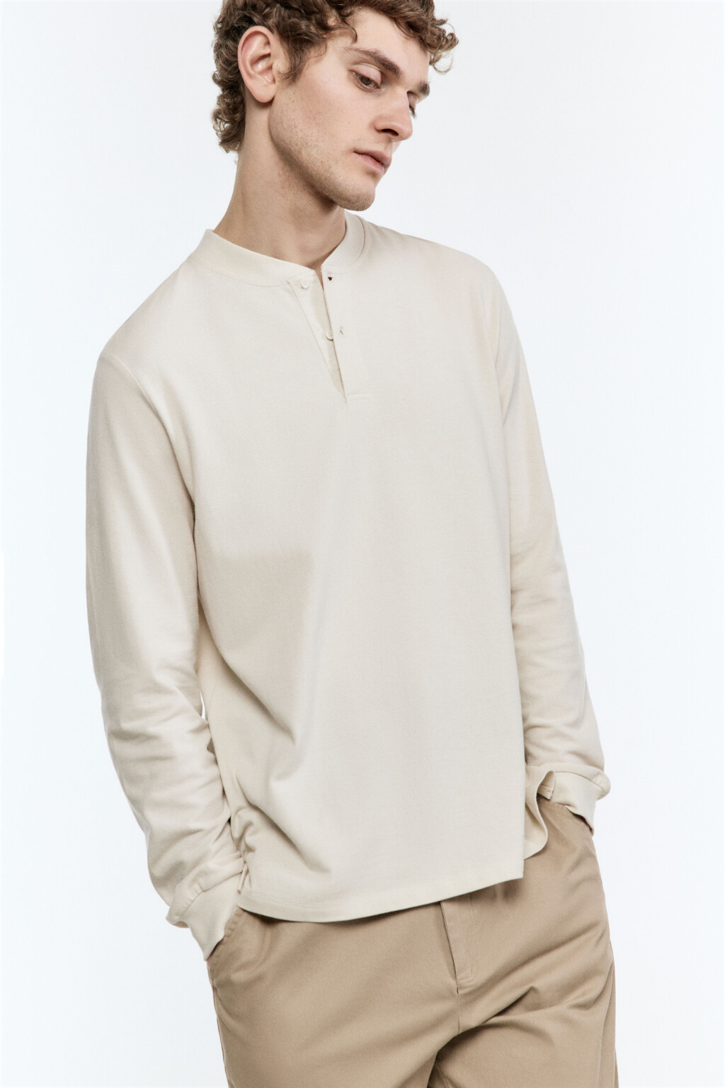 Лонгслив хлопковый с застежкой на груди - цвет бежевый - 1