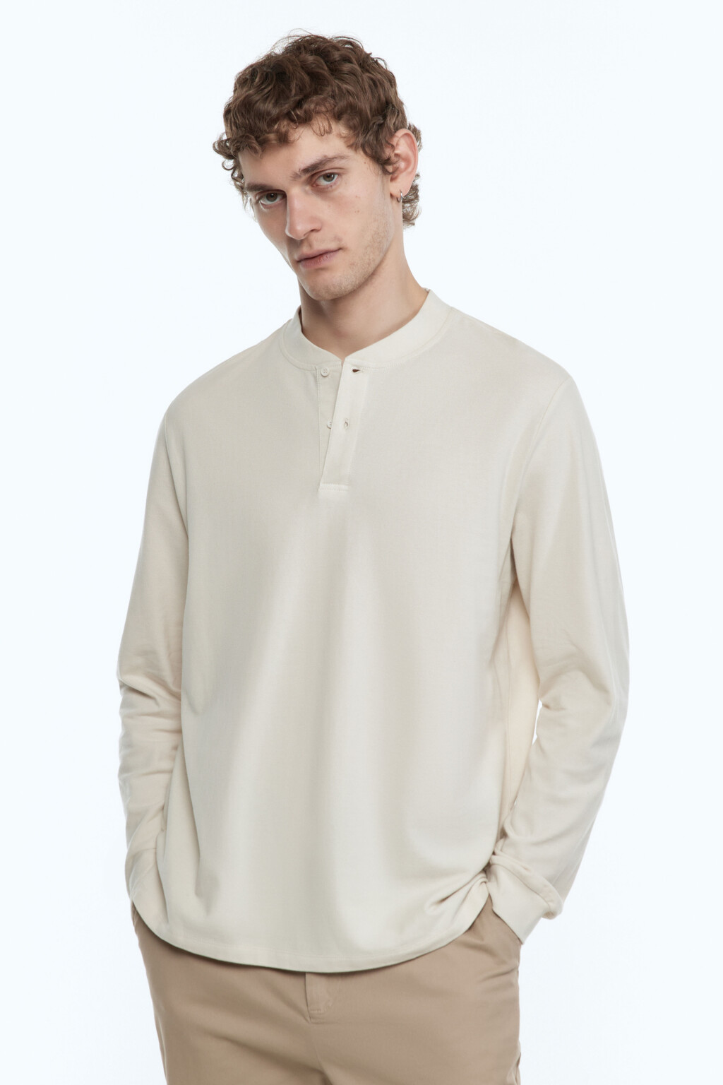 Лонгслив хлопковый с застежкой на груди - цвет бежевый - 3