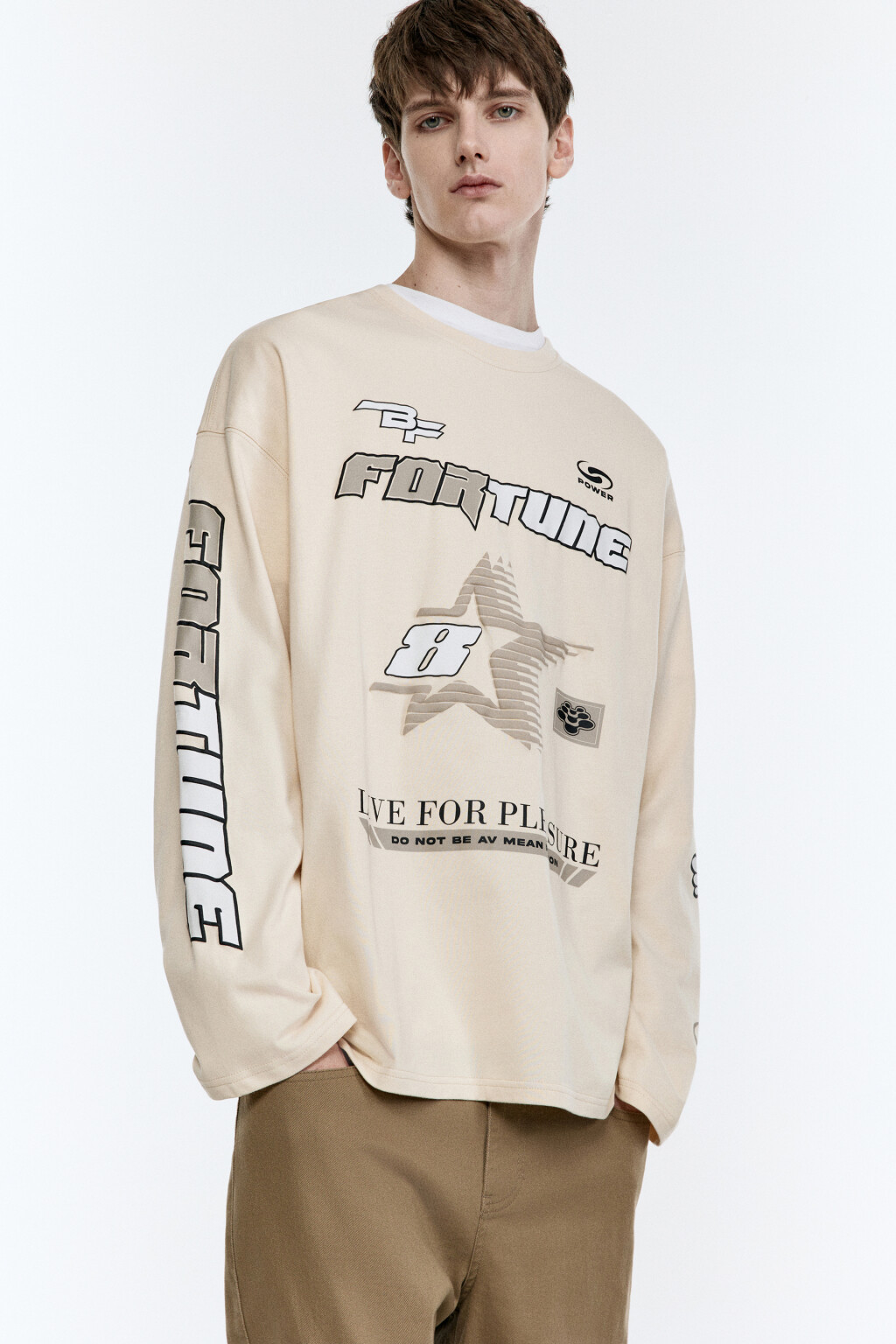Лонгслив oversize с гоночным принтом - цвет бежевый - 2