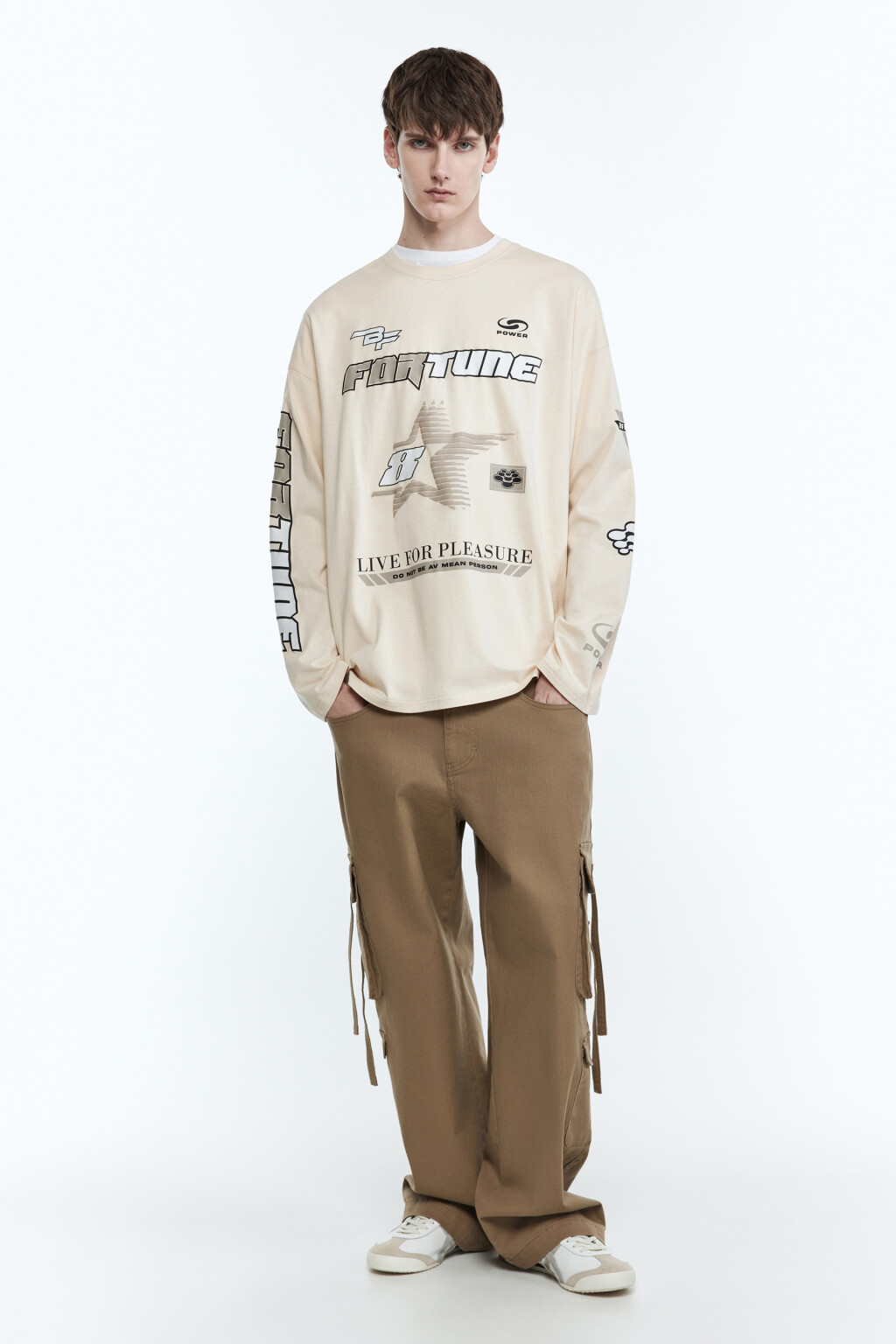 Лонгслив oversize с гоночным принтом - цвет бежевый - 1