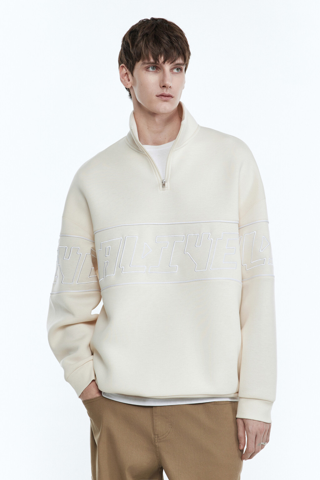 Толстовка oversize с воротником и принтом - цвет бежевый - 2