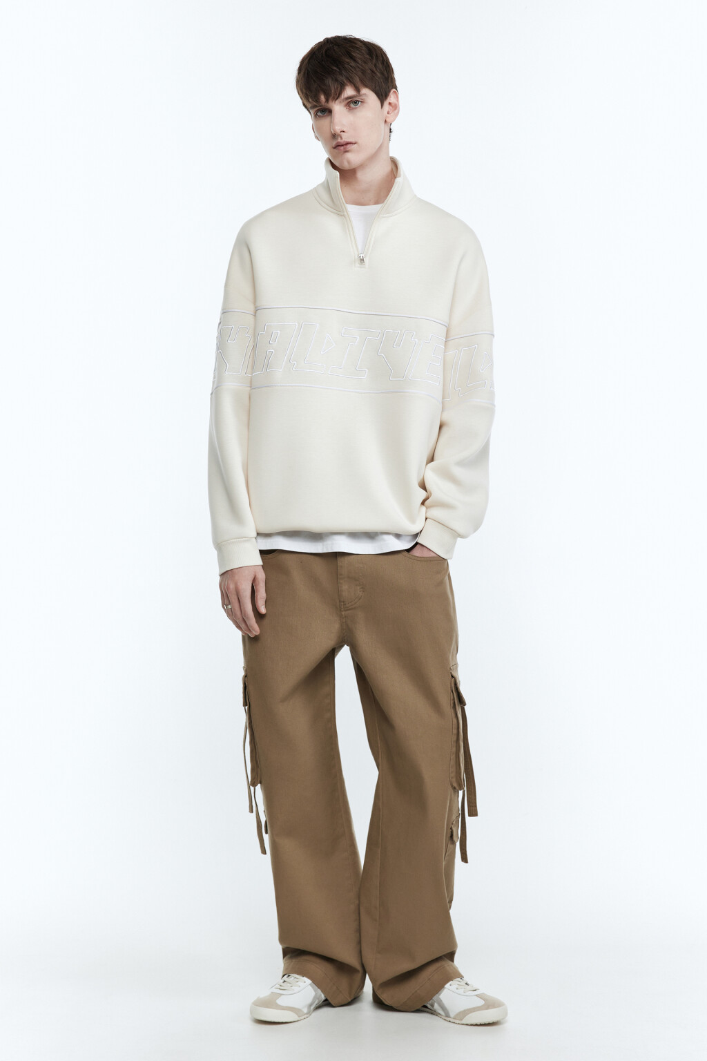 Толстовка oversize с воротником и принтом - цвет бежевый - 5