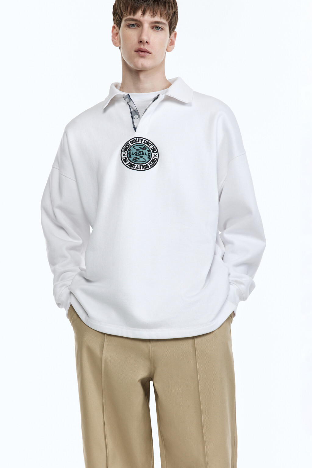 Свитшот с принтом и воротником-поло - цвет белый - 1