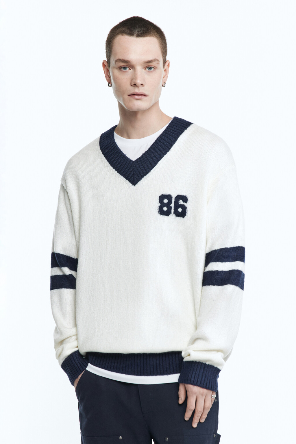 Джемпер вязаный с принтом и полосками - цвет синий - 2