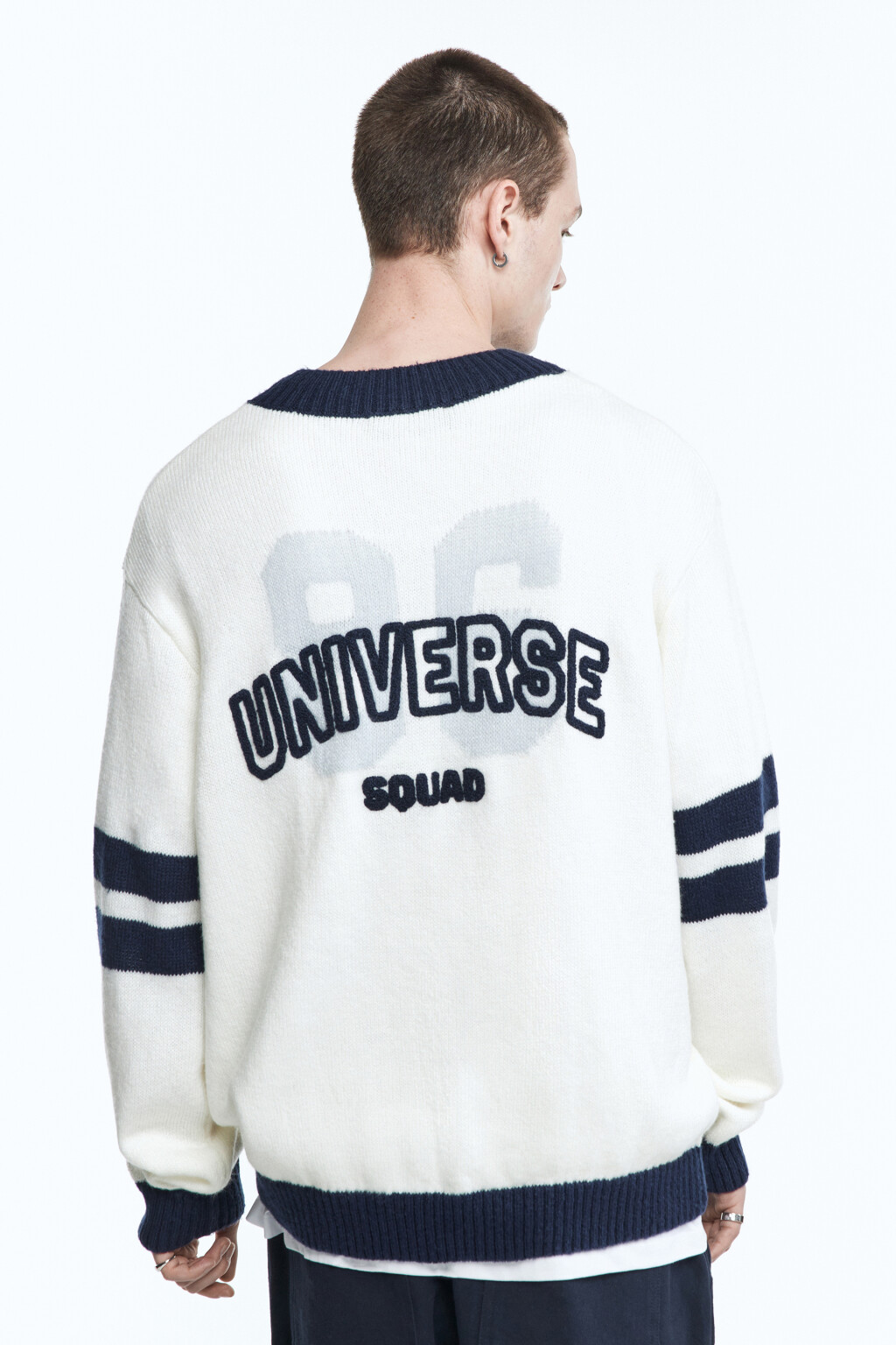 Джемпер вязаный с принтом и полосками - цвет синий - 1