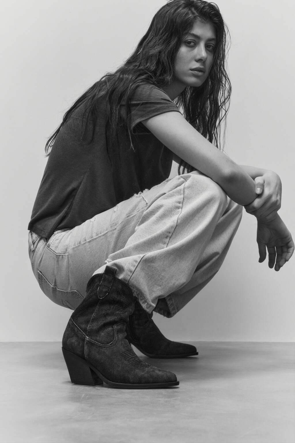 Ботинки-казаки из денима со стиркой - цвет серый - 1