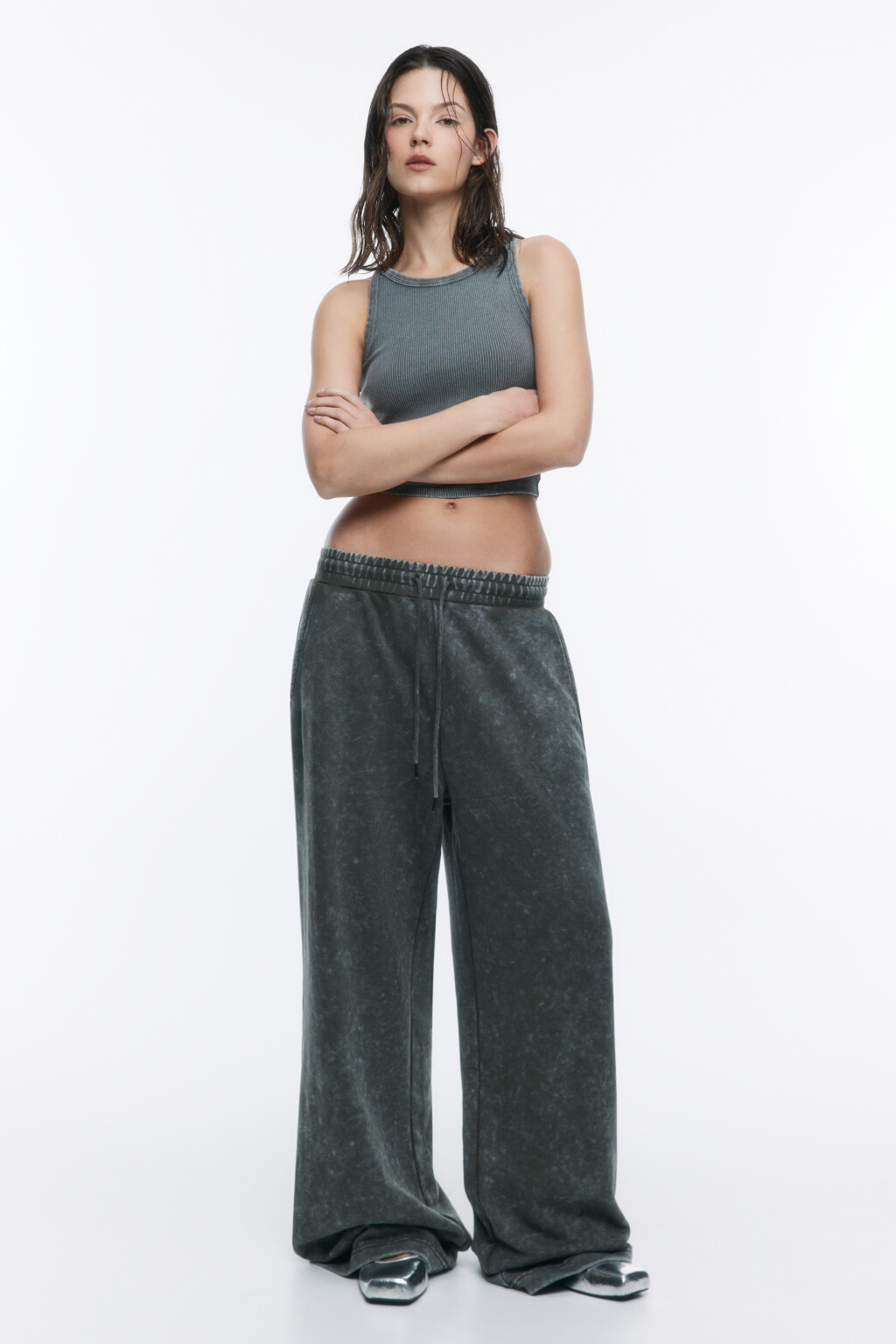 Брюки широкие трикотажные со стиркой - цвет зеленый - 5