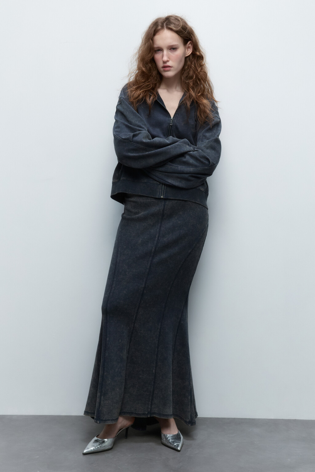 Юбка-годе трикотажная с вареным эффектом - цвет синий - 1