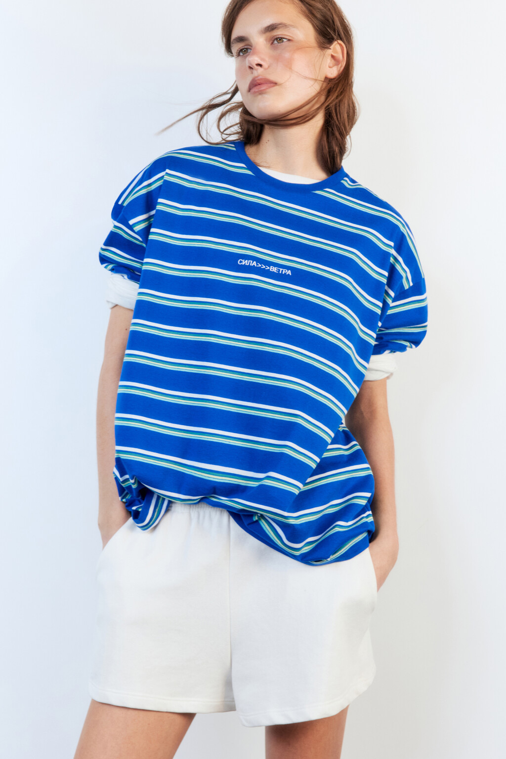 Футболка oversize в полоску с надписью - цвет синий - 1