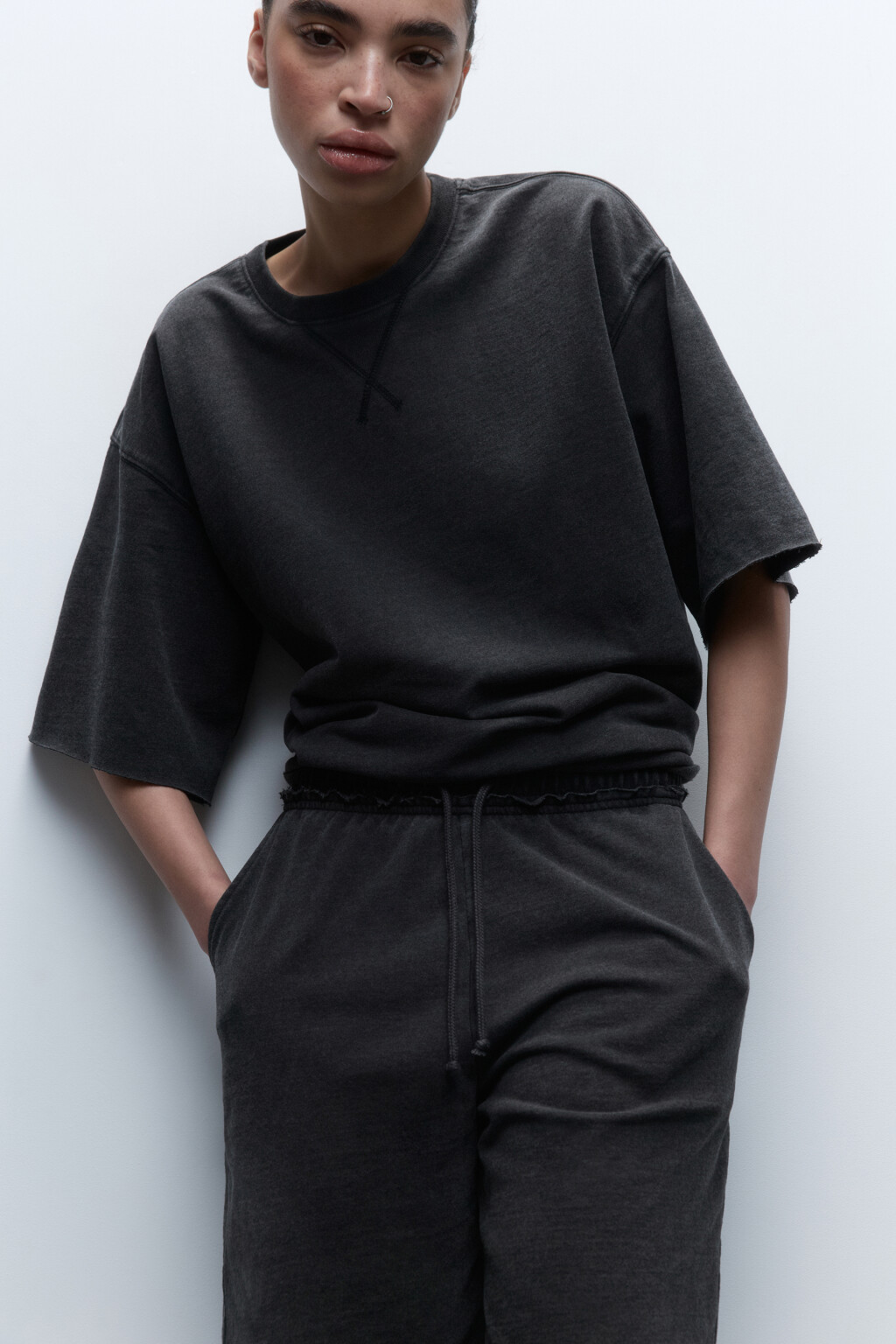 Футболка из футера свободная с вареным эффектом - цвет серый - 1