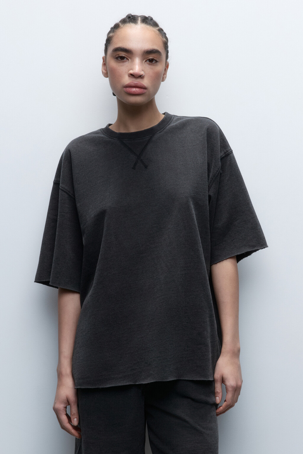 Футболка из футера свободная с вареным эффектом - цвет серый - 2