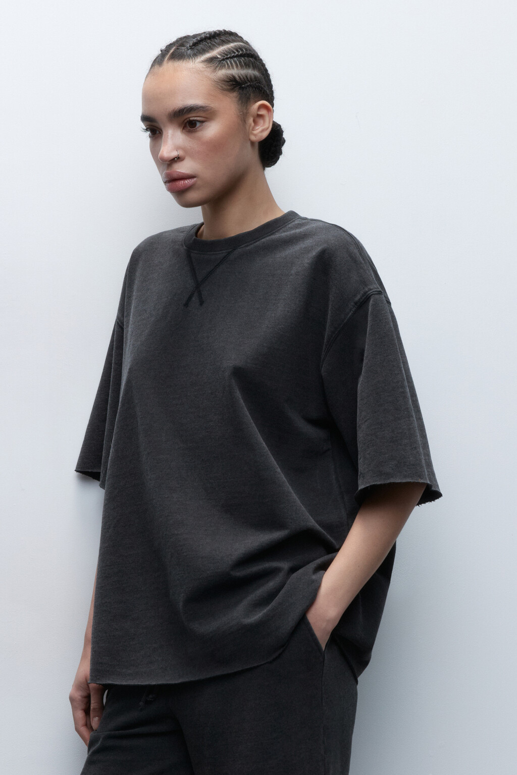 Футболка из футера свободная с вареным эффектом - цвет серый - 3