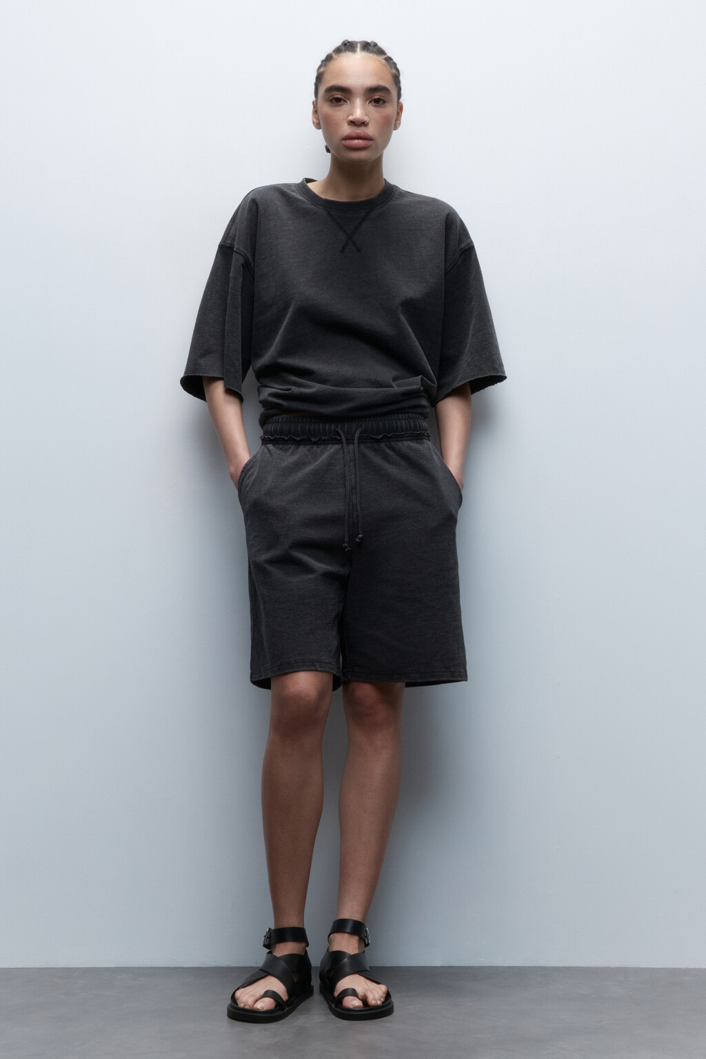 Футболка из футера свободная с вареным эффектом - цвет серый - 5