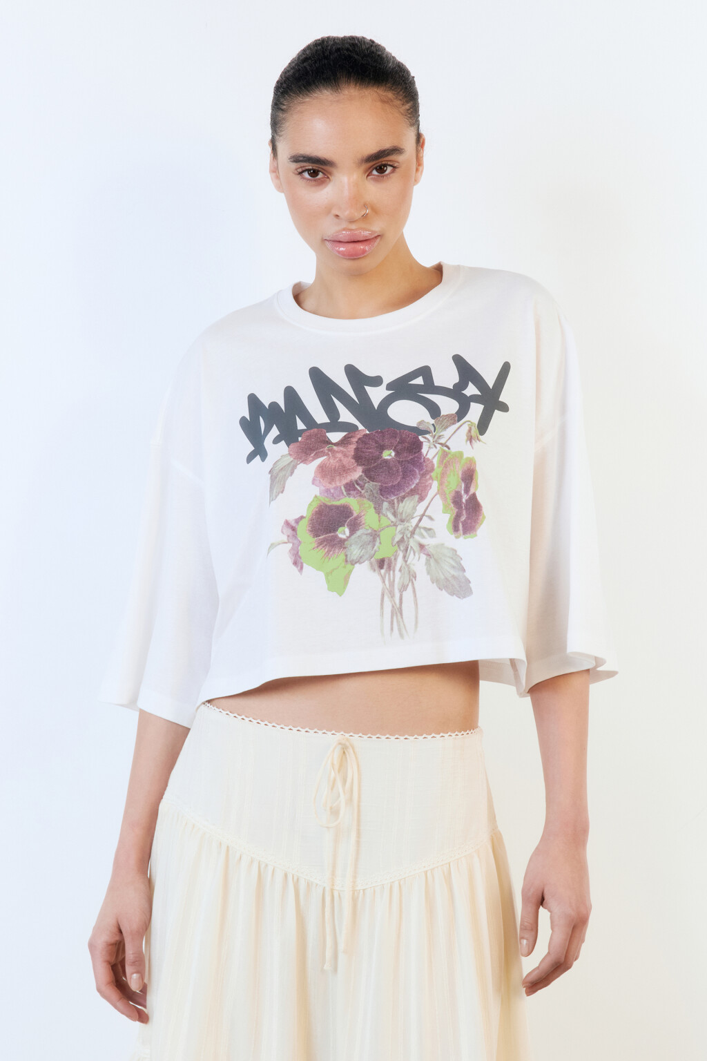 Футболка-топ oversize хлопковая с принтом - цвет белый - 3