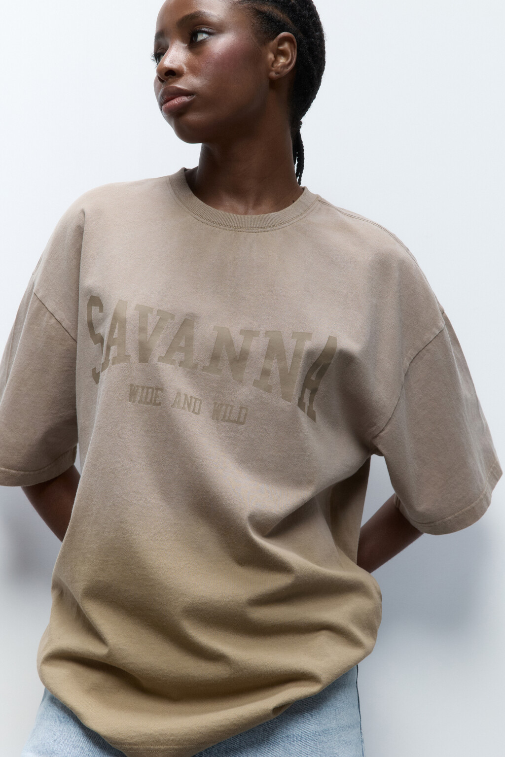 Футболка oversize с вареным эффектом и принтом - цвет бежевый - 1