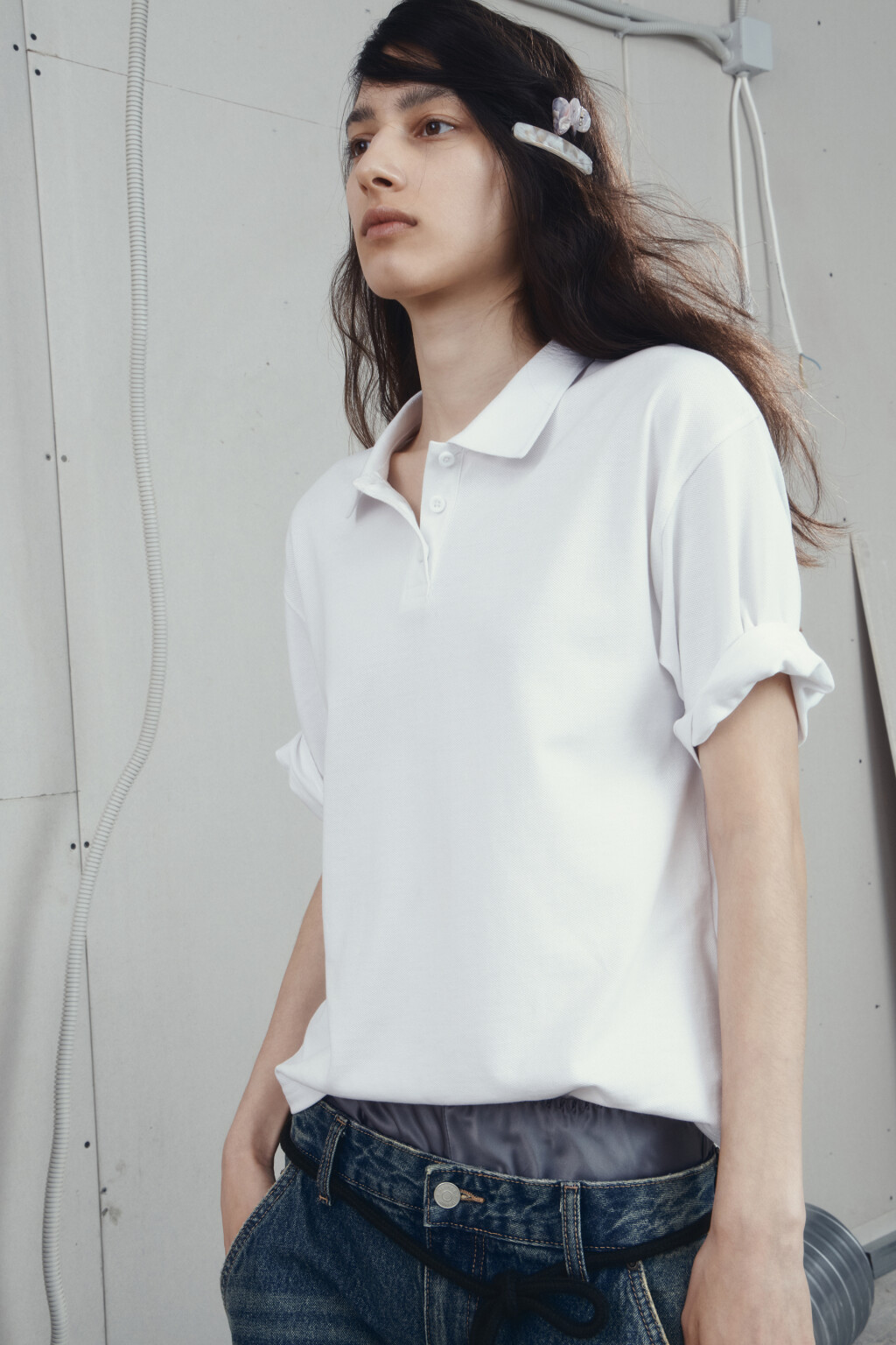 Футболка-поло хлопковая с застежкой на груди - цвет белый - 9