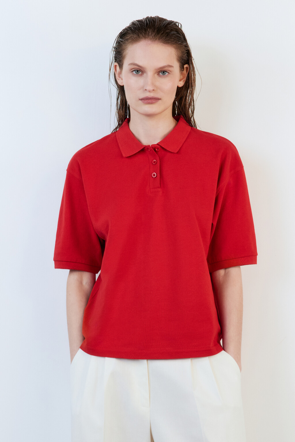 Футболка-поло хлопковая с застежкой на груди - цвет красный - 2