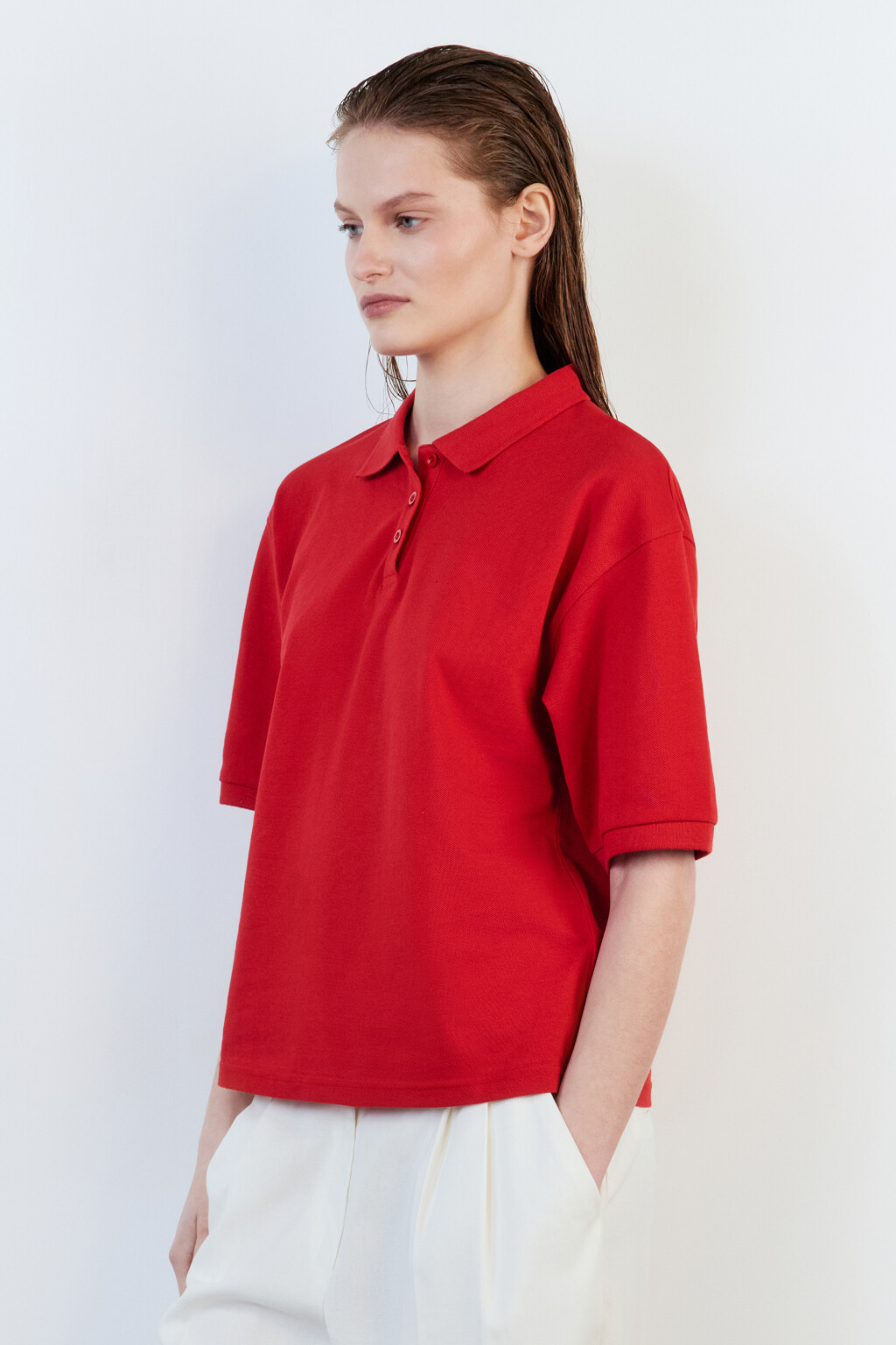 Футболка-поло хлопковая с застежкой на груди - цвет красный - 3